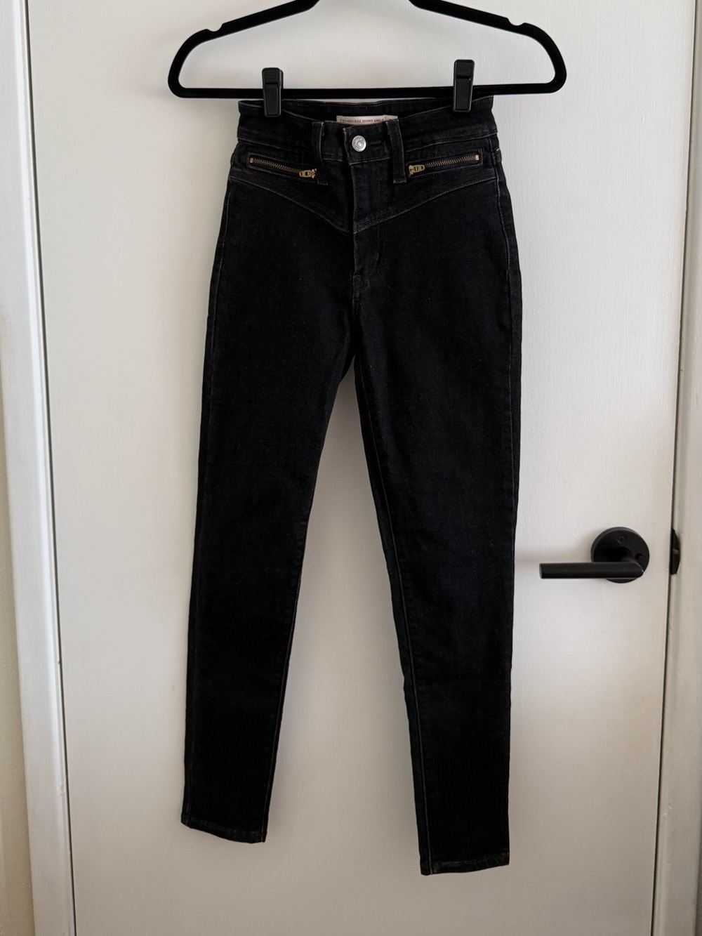 Levi’s Gold Zip Pocket 721 High Rise Skinny Ankle Jeans Washed Black Denim Sz 24